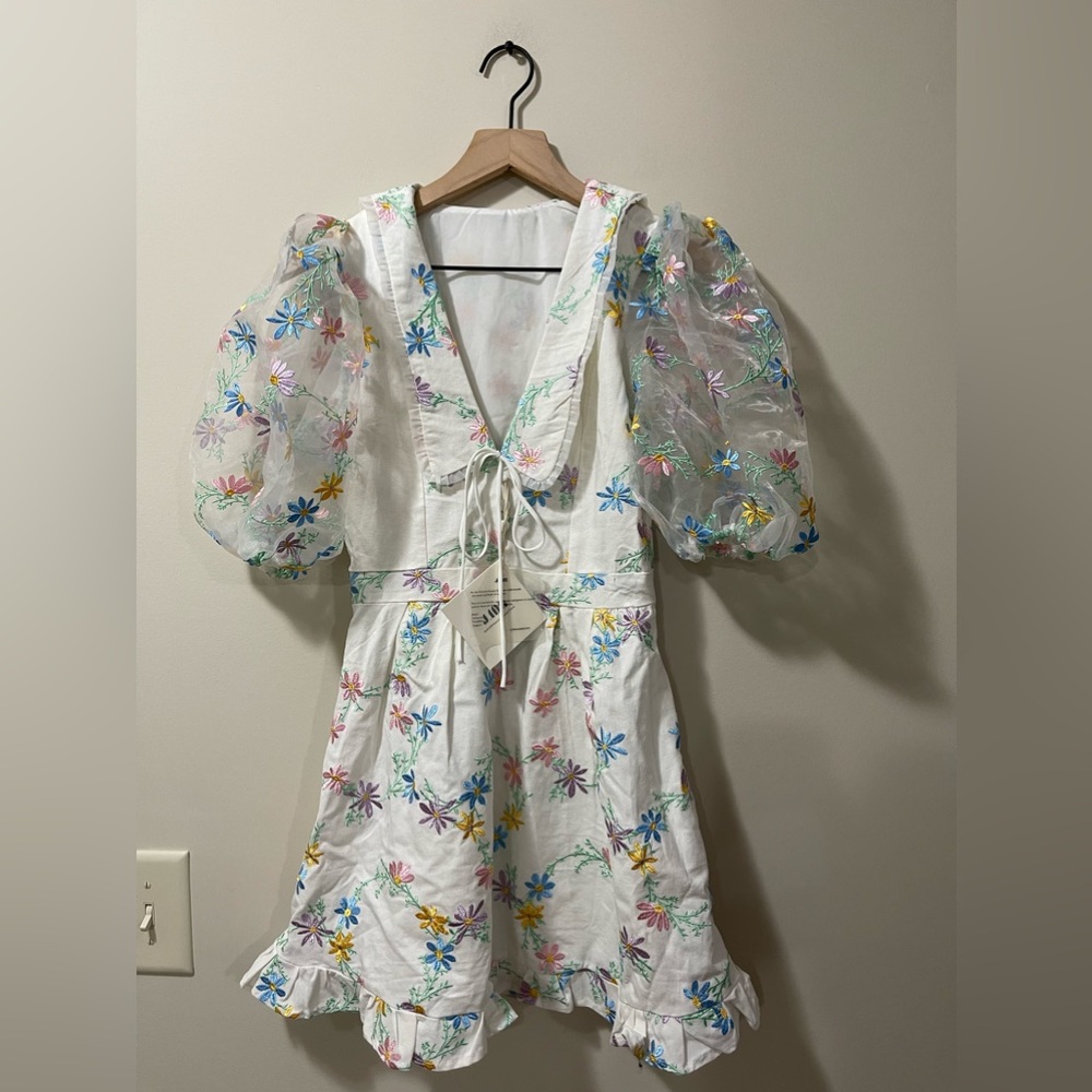 J. ING Sailor Peter Pan Color Floral Embroidered Puff Sleeve Ruffle Dress Small